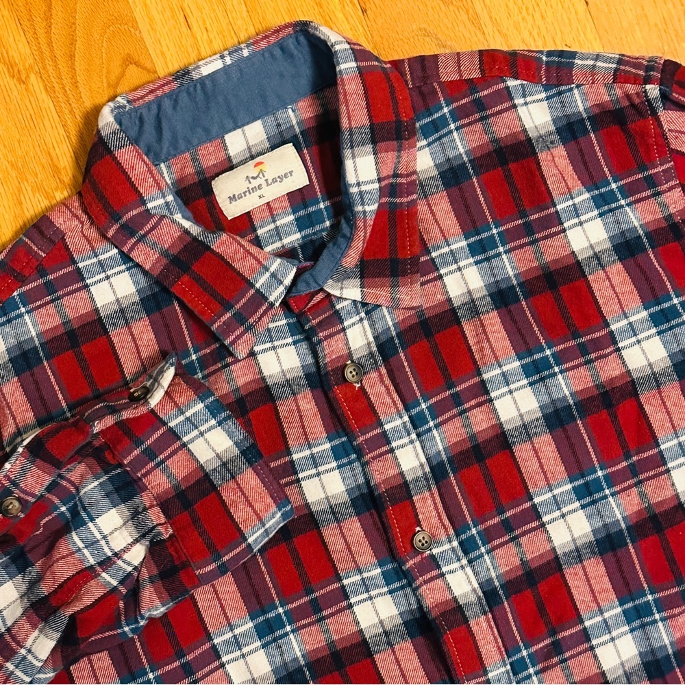 Marine Layer Flannel Mens XL Long Sleeve Button-Up Shirt Red Blue Plaid